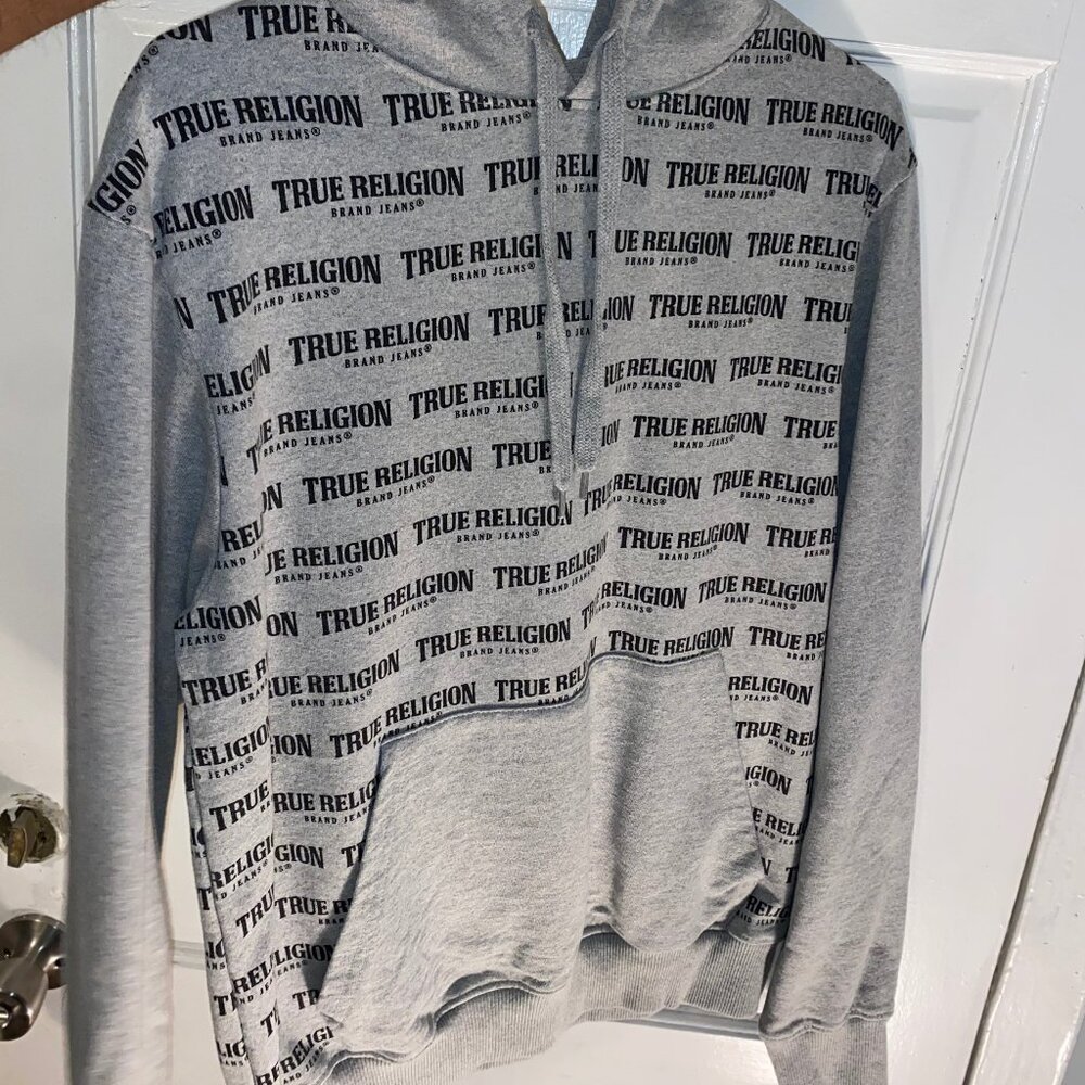 True Religion Brand Jeans Logo All over Gray Hoodie Size M for Men/Women
